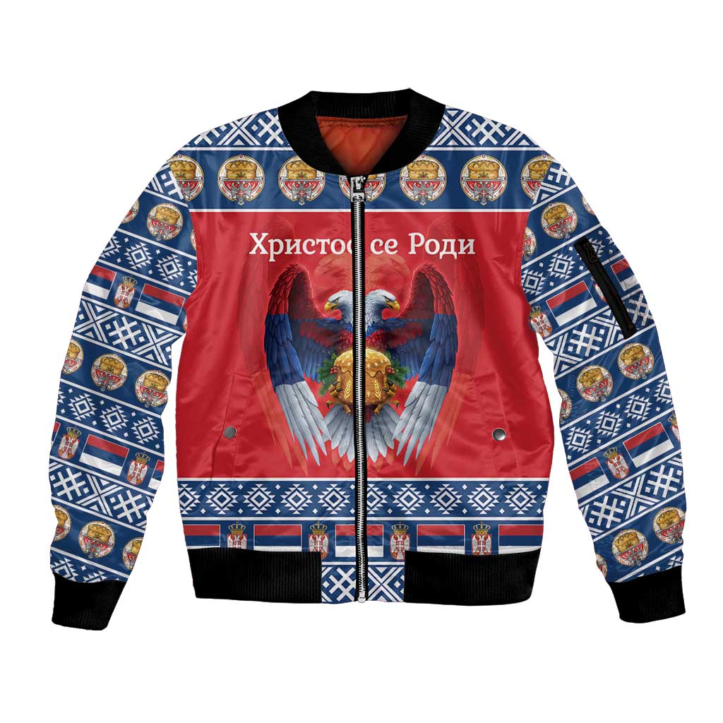 Personalized Serbia Christmas Sleeve Zip Bomber Jacket Eagle with Cesnica Christmas Bread - Wonder Print Shop