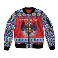 Personalized Serbia Christmas Sleeve Zip Bomber Jacket Eagle with Cesnica Christmas Bread - Wonder Print Shop