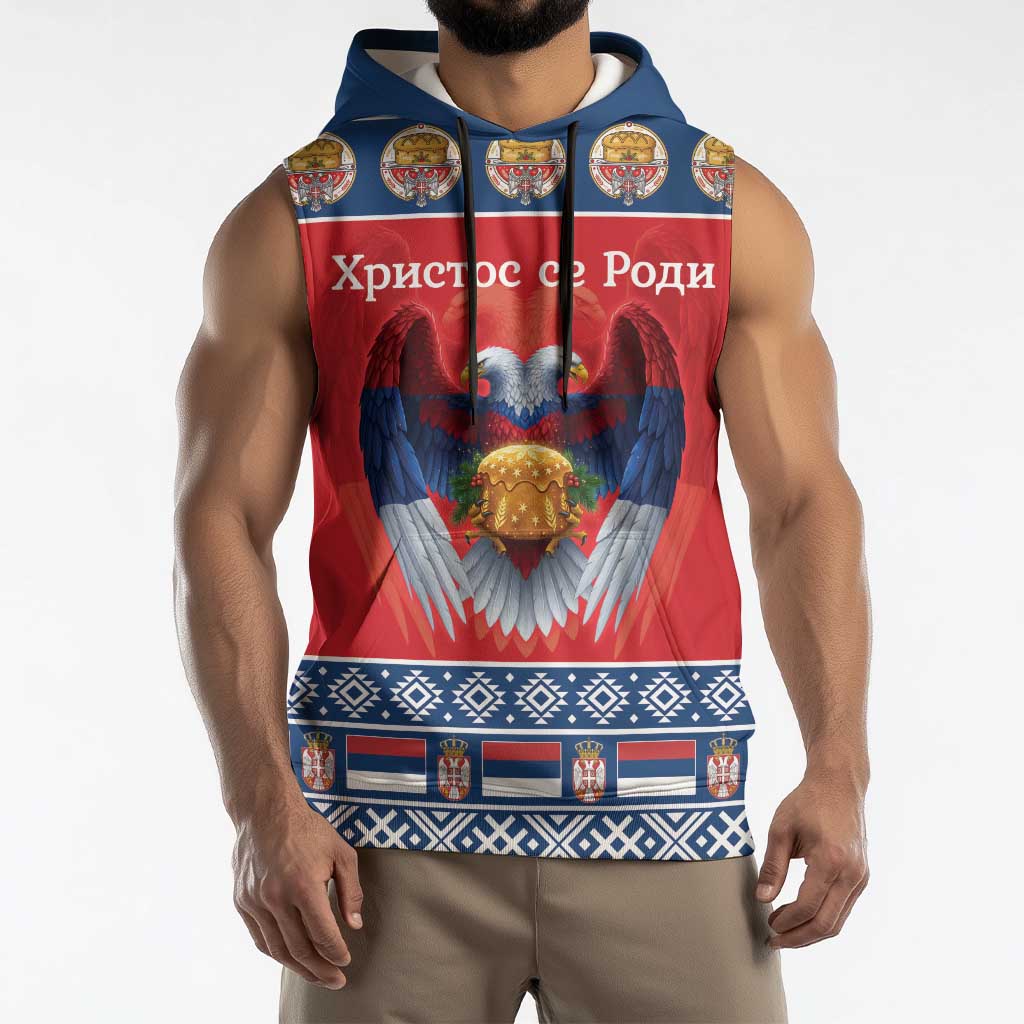 Personalized Serbia Christmas Sleeveless Hoodie Eagle with Cesnica Christmas Bread - Wonder Print Shop