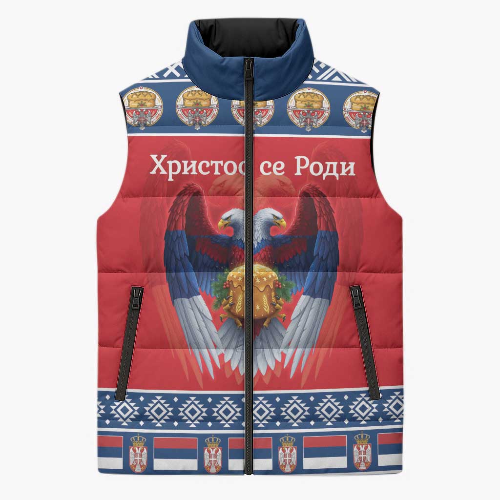 Personalized Serbia Christmas Sleeveless Puffer Jacket Eagle with Cesnica Christmas Bread - Wonder Print Shop