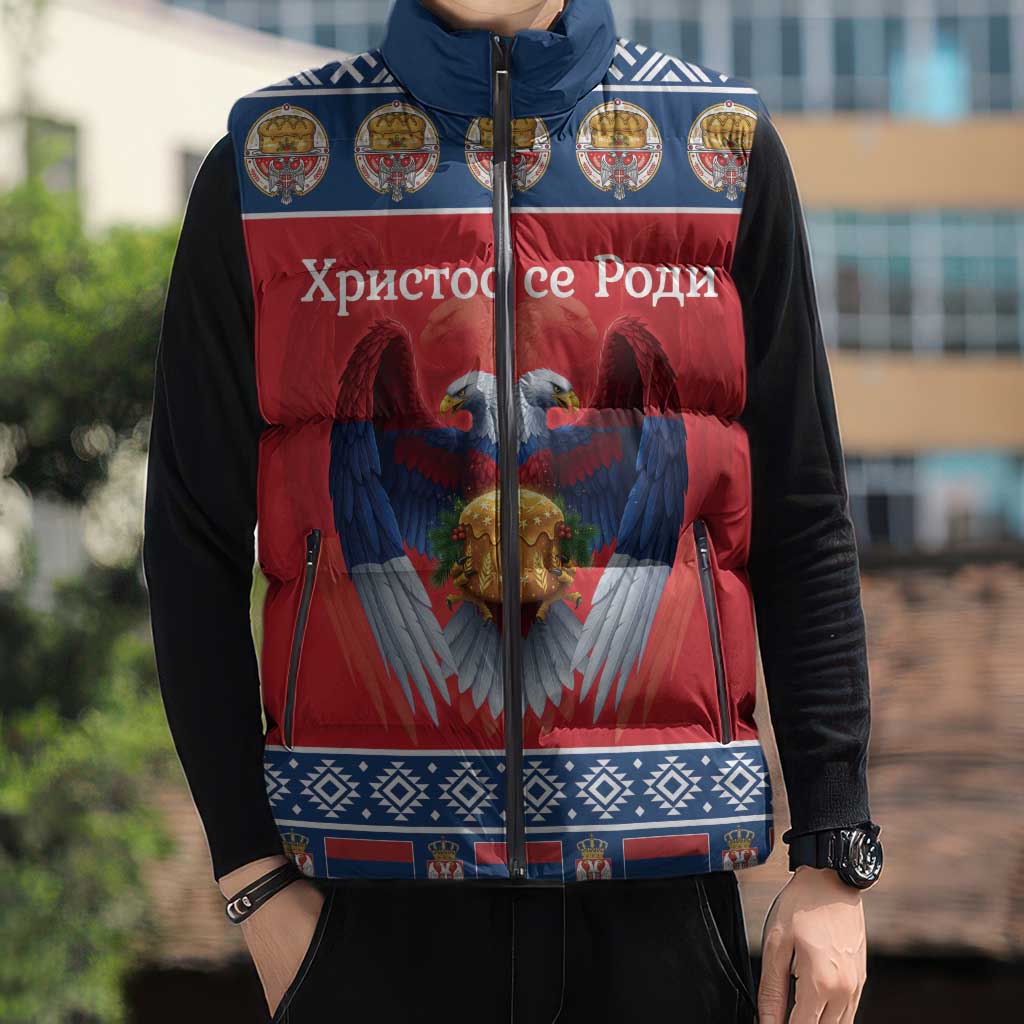 Personalized Serbia Christmas Sleeveless Puffer Jacket Eagle with Cesnica Christmas Bread - Wonder Print Shop