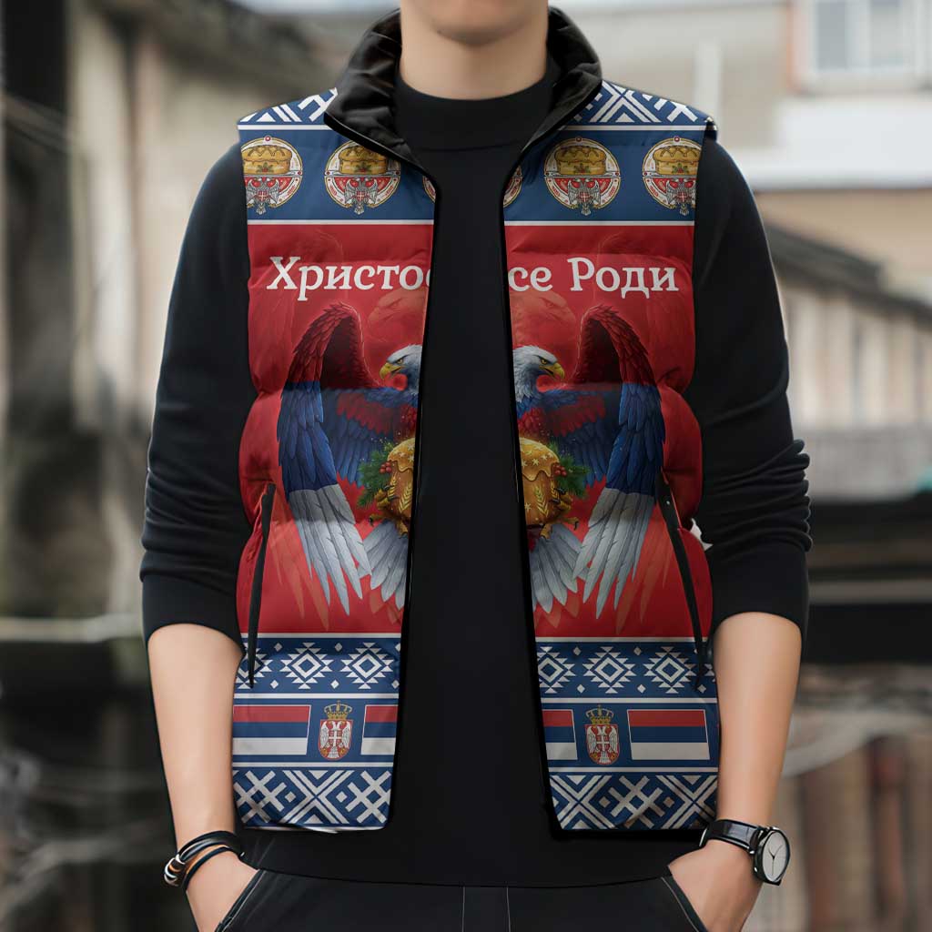 Personalized Serbia Christmas Sleeveless Puffer Jacket Eagle with Cesnica Christmas Bread - Wonder Print Shop