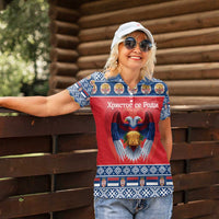 Personalized Serbia Christmas Women Polo Shirt Eagle with Cesnica Christmas Bread - Wonder Print Shop