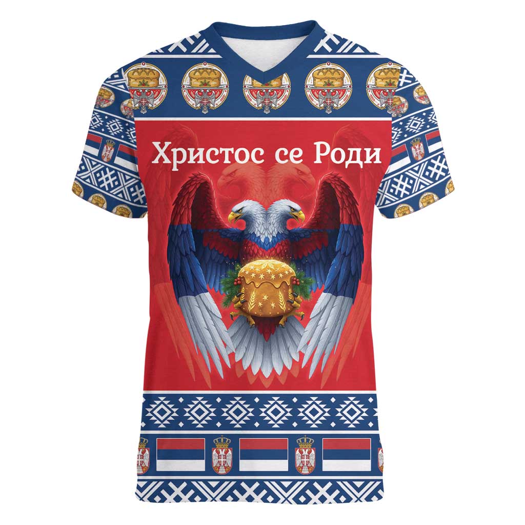 Personalized Serbia Christmas Women V-Neck T-Shirt Eagle with Cesnica Christmas Bread - Wonder Print Shop
