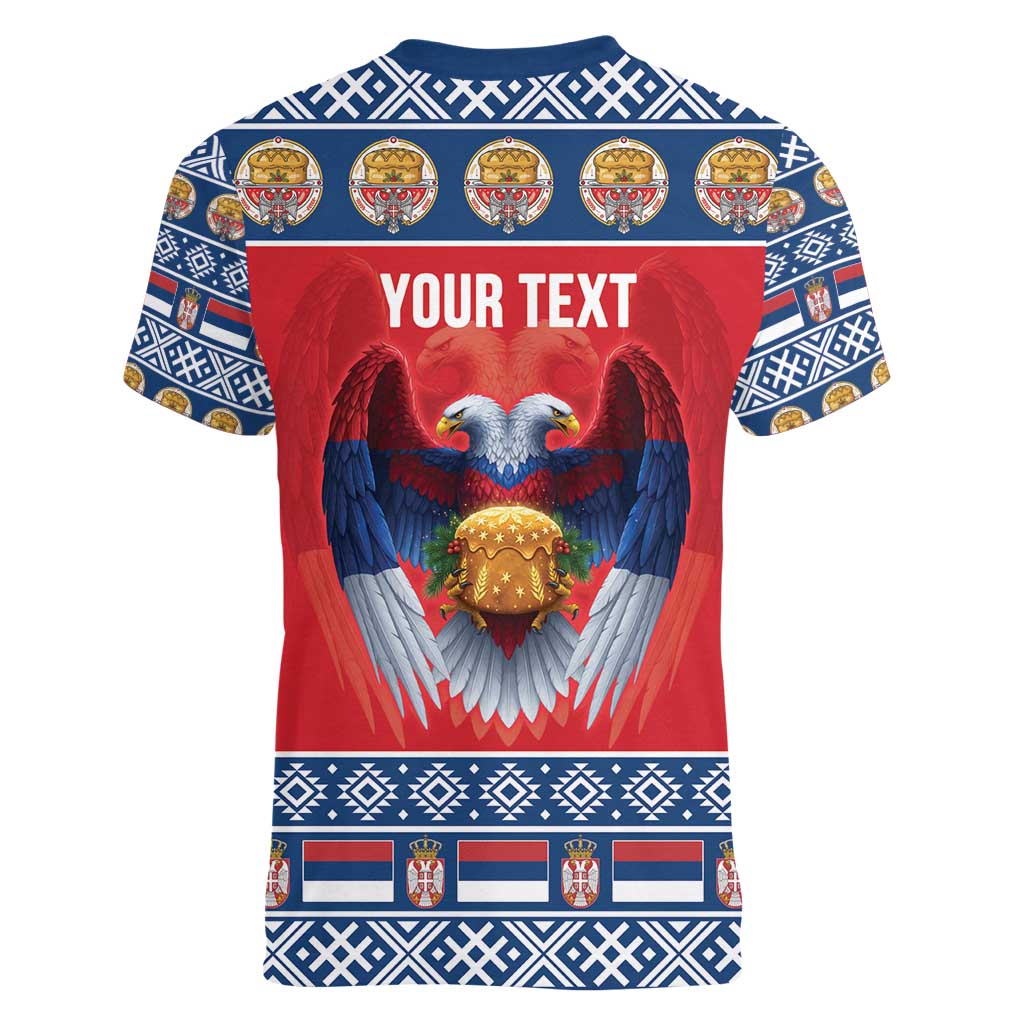 Personalized Serbia Christmas Women V-Neck T-Shirt Eagle with Cesnica Christmas Bread - Wonder Print Shop