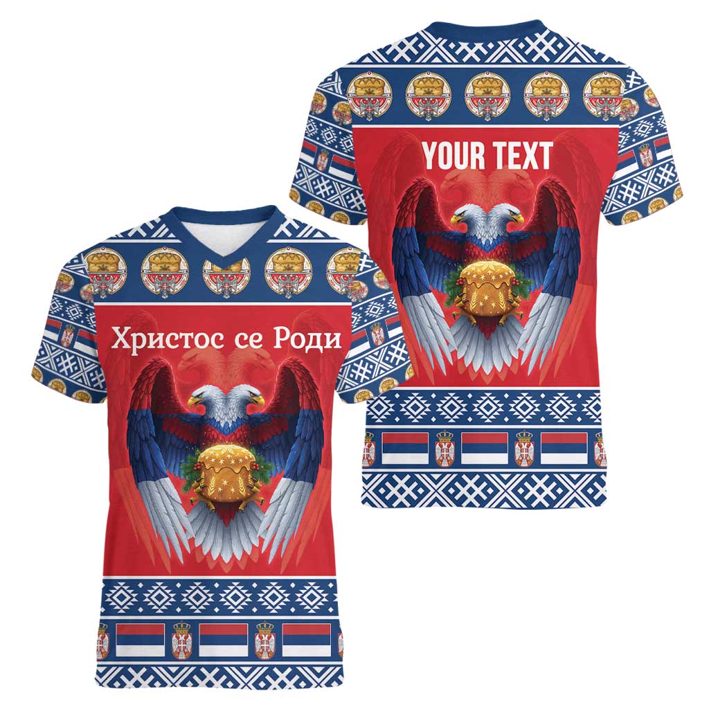 Personalized Serbia Christmas Women V-Neck T-Shirt Eagle with Cesnica Christmas Bread - Wonder Print Shop