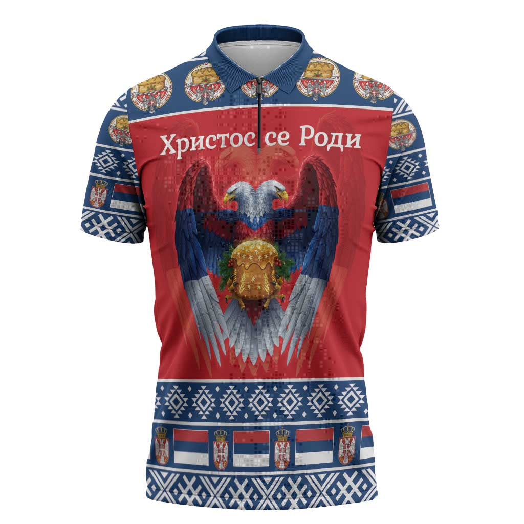 Personalized Serbia Christmas Zipper Polo Shirt Eagle with Cesnica Christmas Bread - Wonder Print Shop