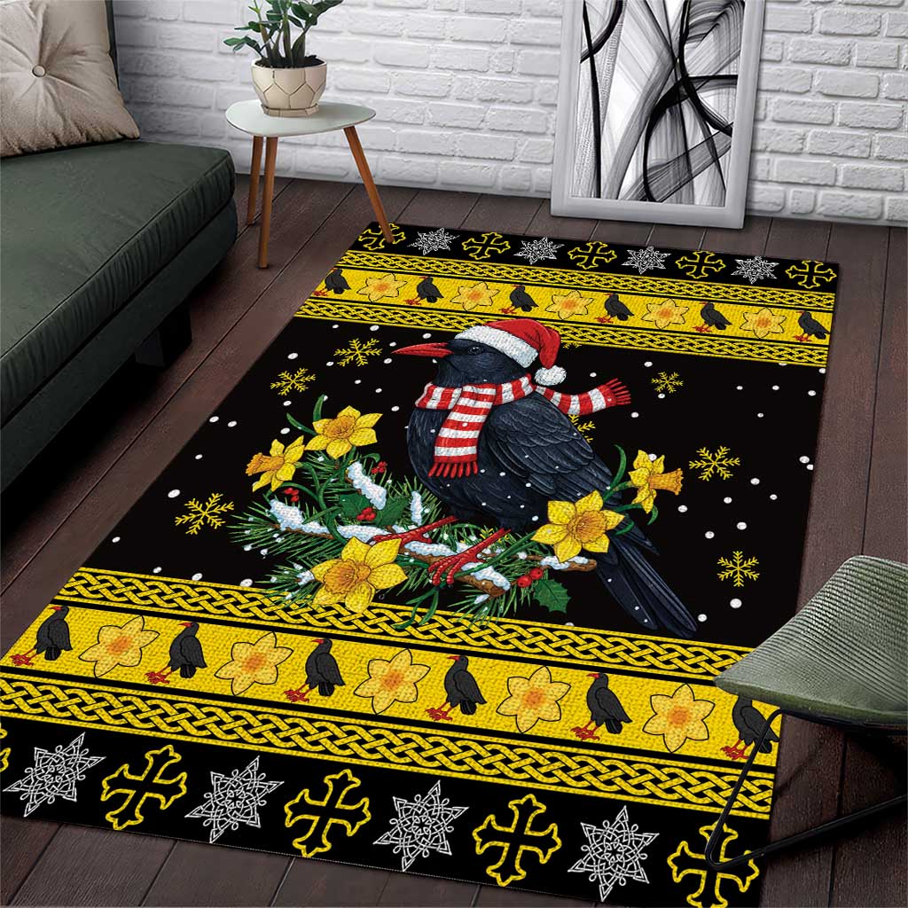 Flintshire Wales Christmas Area Rug Welsh Red-billed Chough with Daffodil - Wonder Print Shop