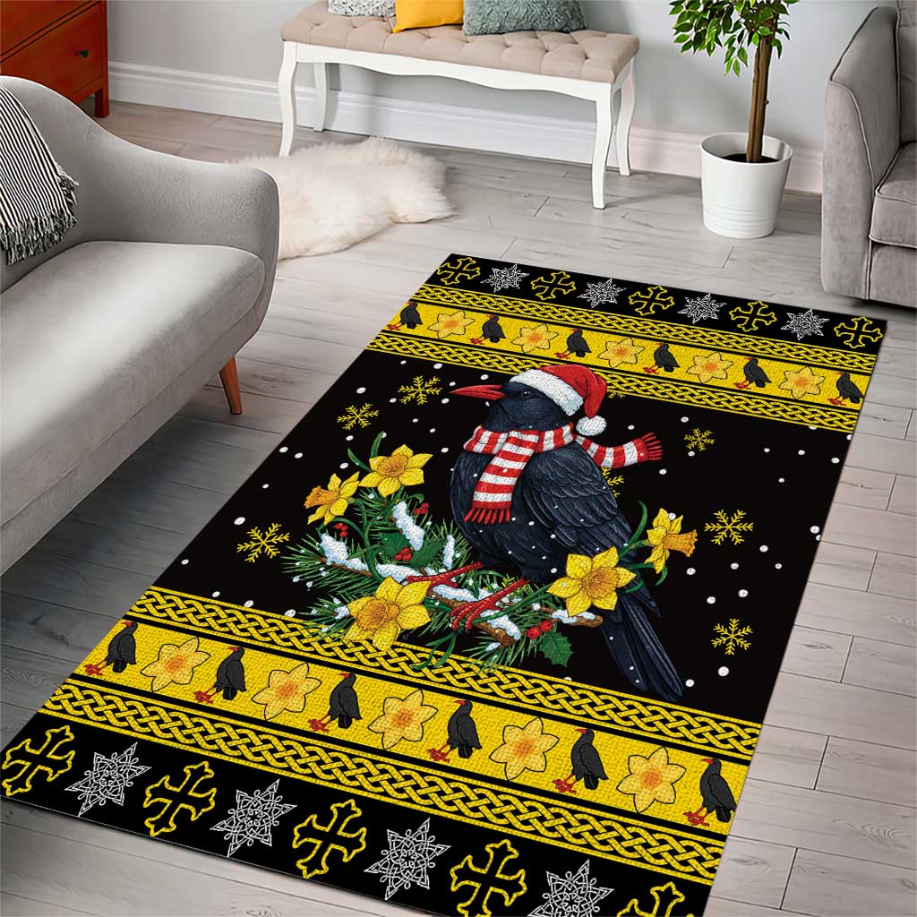 Flintshire Wales Christmas Area Rug Welsh Red-billed Chough with Daffodil - Wonder Print Shop