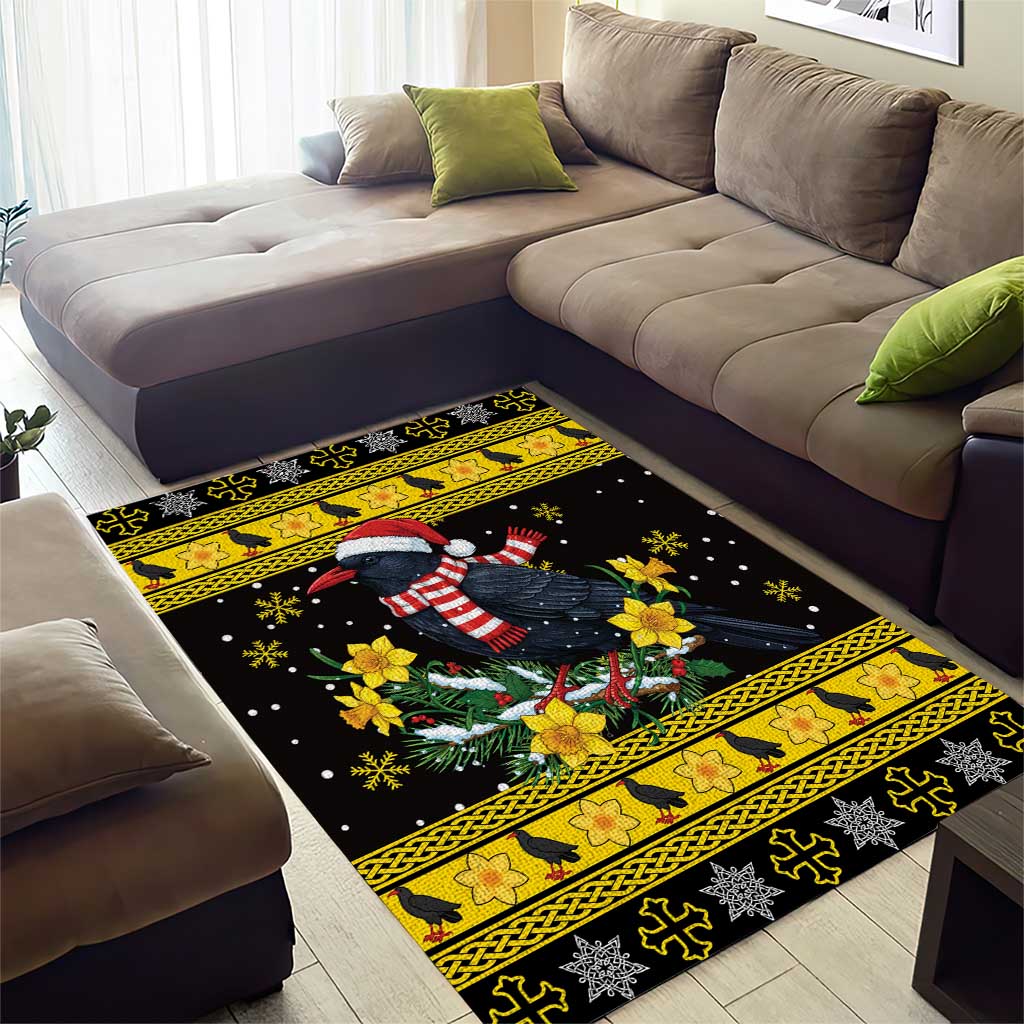 Flintshire Wales Christmas Area Rug Welsh Red-billed Chough with Daffodil - Wonder Print Shop