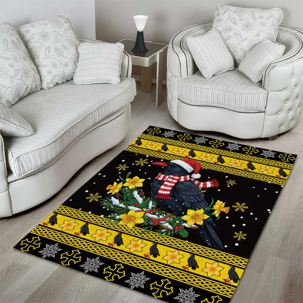 Flintshire Wales Christmas Area Rug Welsh Red-billed Chough with Daffodil - Wonder Print Shop