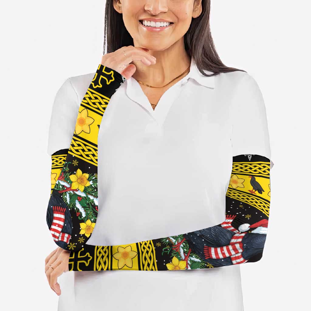 Flintshire Wales Christmas Arm Sleeves Welsh Red-billed Chough with Daffodil - Wonder Print Shop