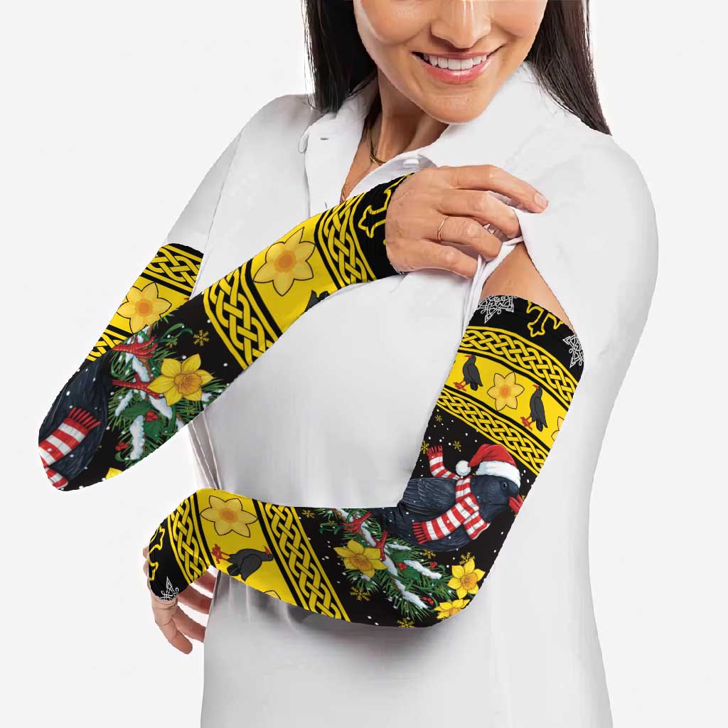 Flintshire Wales Christmas Arm Sleeves Welsh Red-billed Chough with Daffodil - Wonder Print Shop