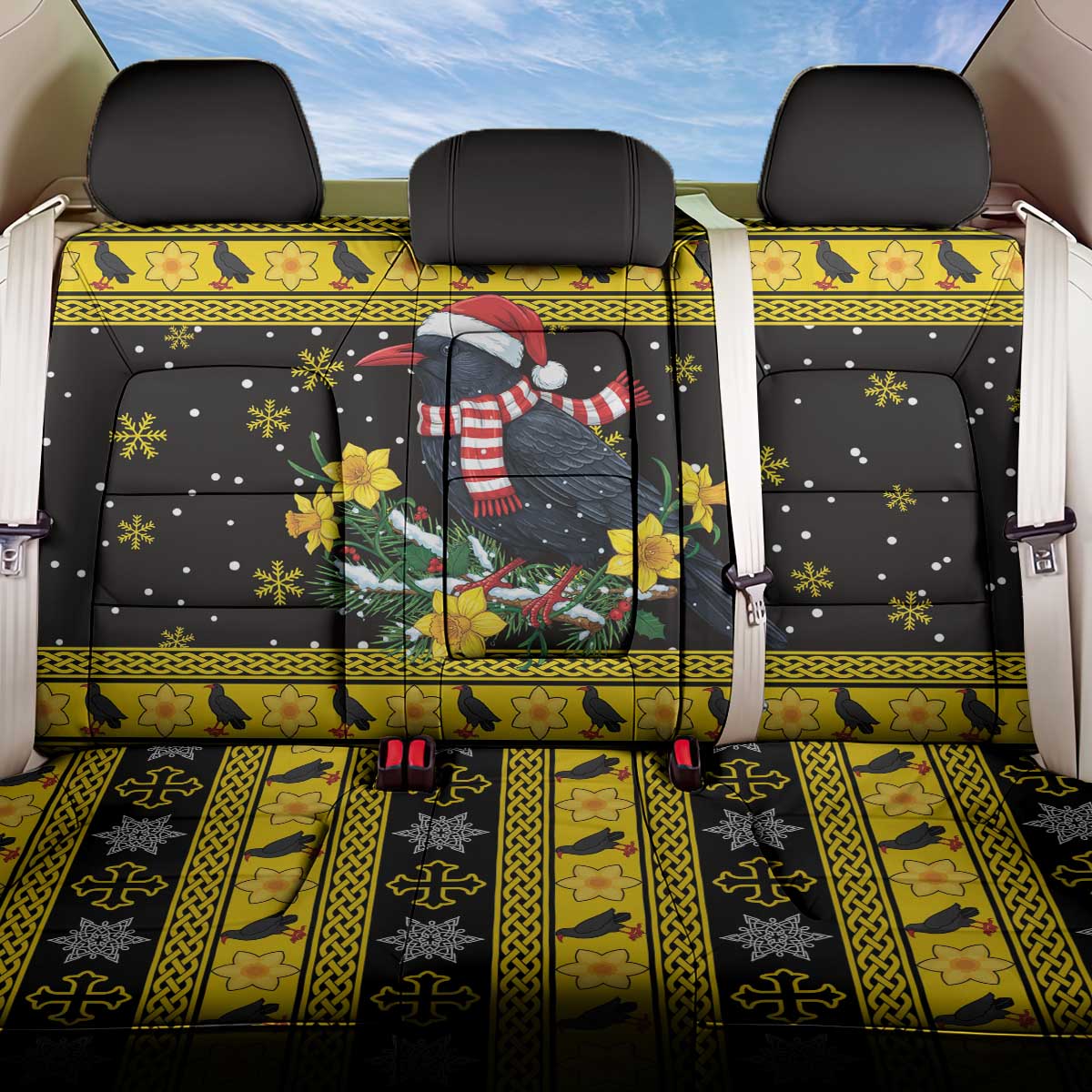 Flintshire Wales Christmas Back Car Seat Cover Welsh Red-billed Chough with Daffodil - Wonder Print Shop