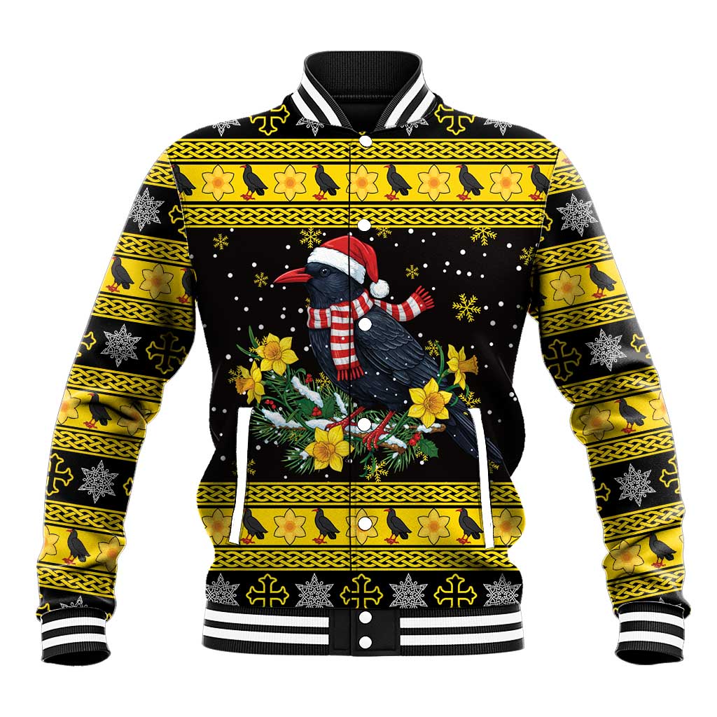 Flintshire Wales Christmas Baseball Jacket Welsh Red-billed Chough with Daffodil - Wonder Print Shop