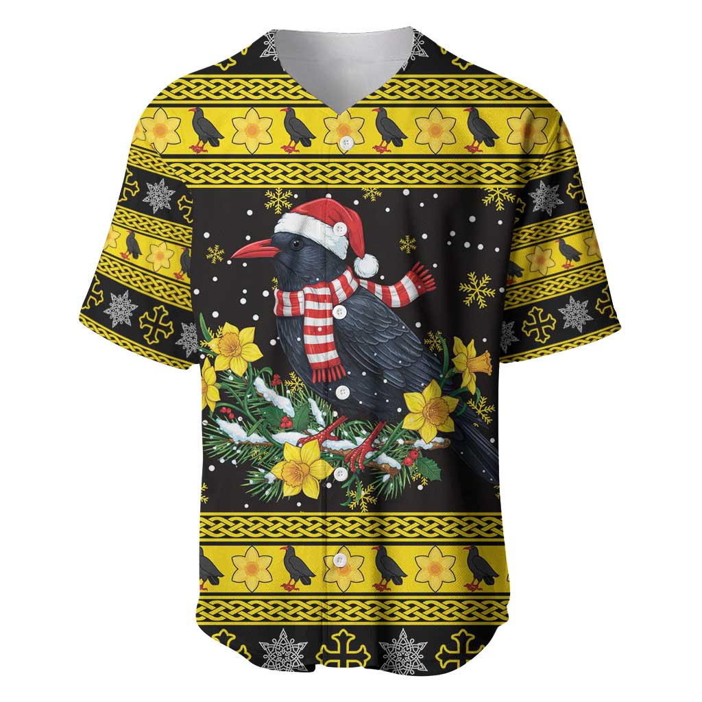 Flintshire Wales Christmas Baseball Jersey Welsh Red-billed Chough with Daffodil - Wonder Print Shop