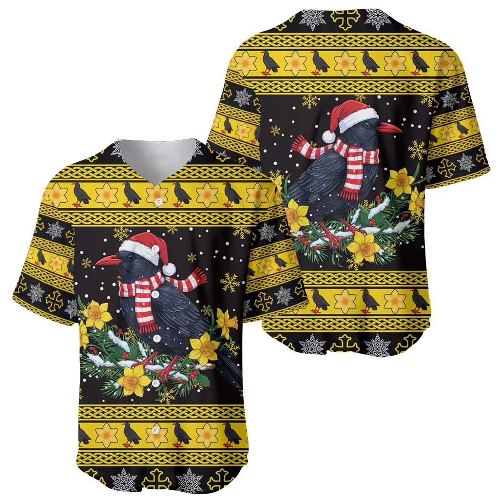 Flintshire Wales Christmas Baseball Jersey Welsh Red-billed Chough with Daffodil - Wonder Print Shop