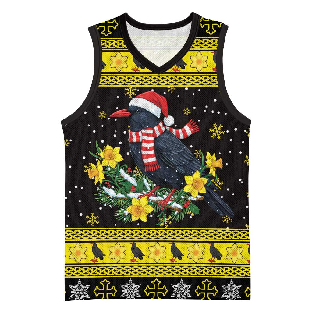 Flintshire Wales Christmas Basketball Jersey Welsh Red-billed Chough with Daffodil - Wonder Print Shop