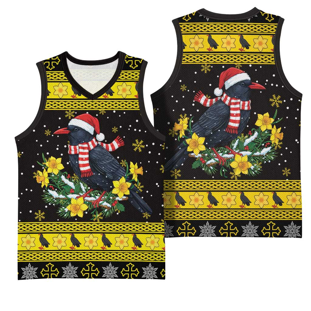 Flintshire Wales Christmas Basketball Jersey Welsh Red-billed Chough with Daffodil - Wonder Print Shop