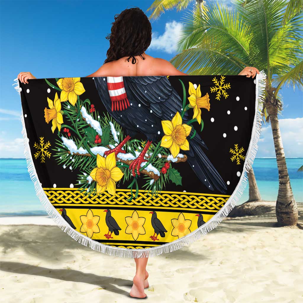 Flintshire Wales Christmas Beach Blanket Welsh Red-billed Chough with Daffodil - Wonder Print Shop