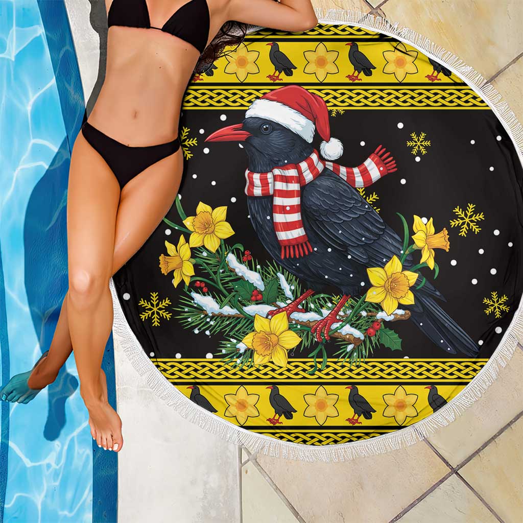Flintshire Wales Christmas Beach Blanket Welsh Red-billed Chough with Daffodil - Wonder Print Shop