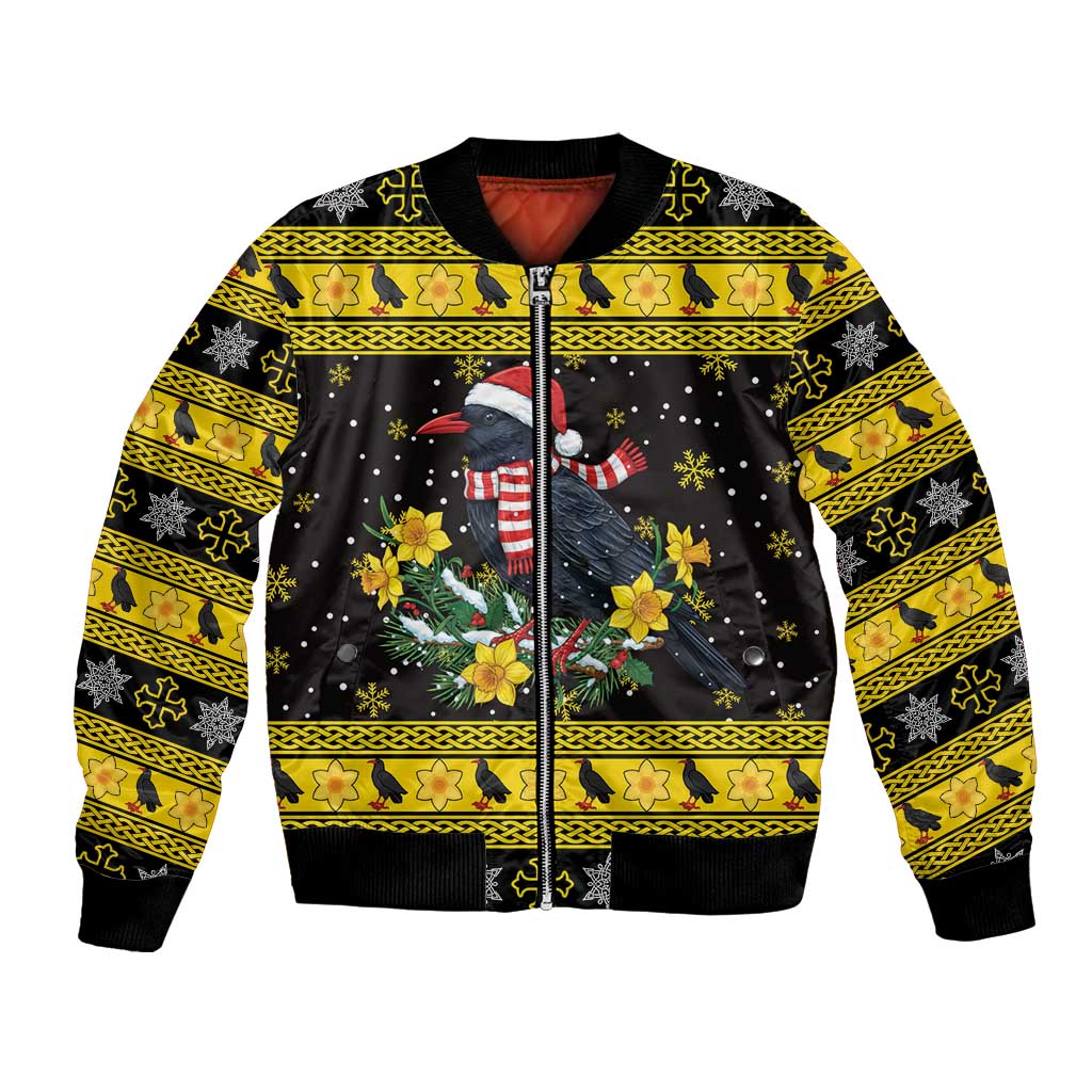 Flintshire Wales Christmas Bomber Jacket Welsh Red-billed Chough with Daffodil - Wonder Print Shop
