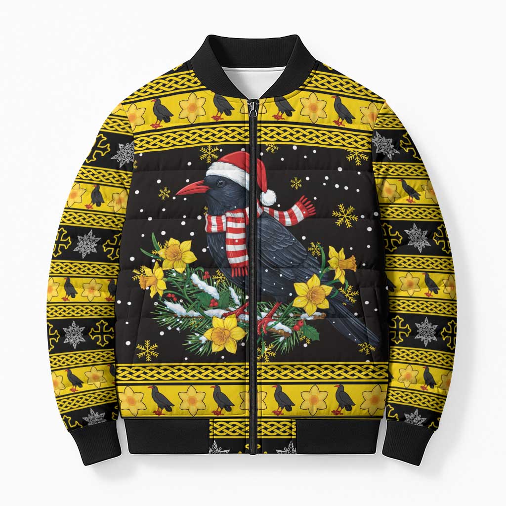 Flintshire Wales Christmas Bomber Puffer Jacket Welsh Red-billed Chough with Daffodil - Wonder Print Shop