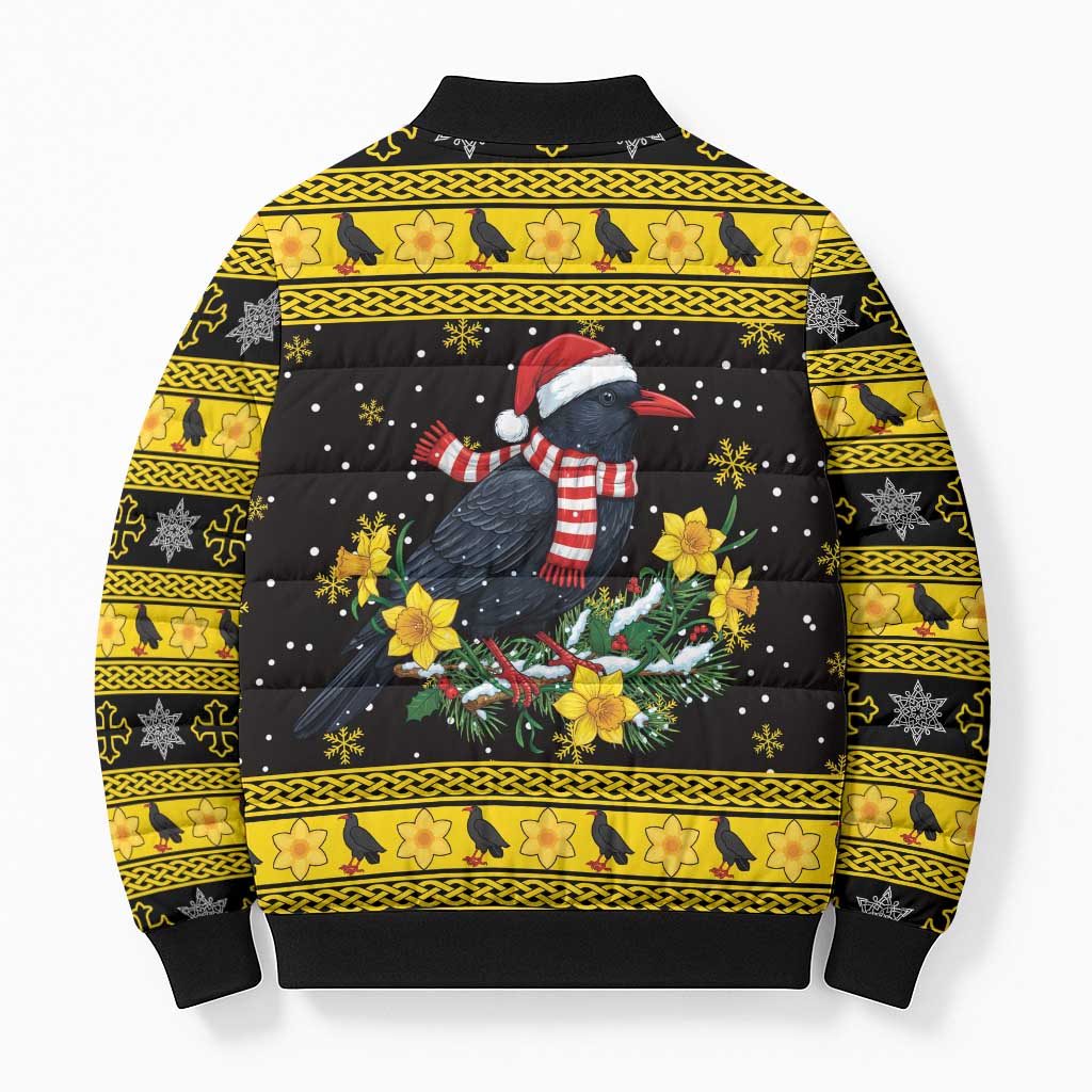 Flintshire Wales Christmas Bomber Puffer Jacket Welsh Red-billed Chough with Daffodil - Wonder Print Shop