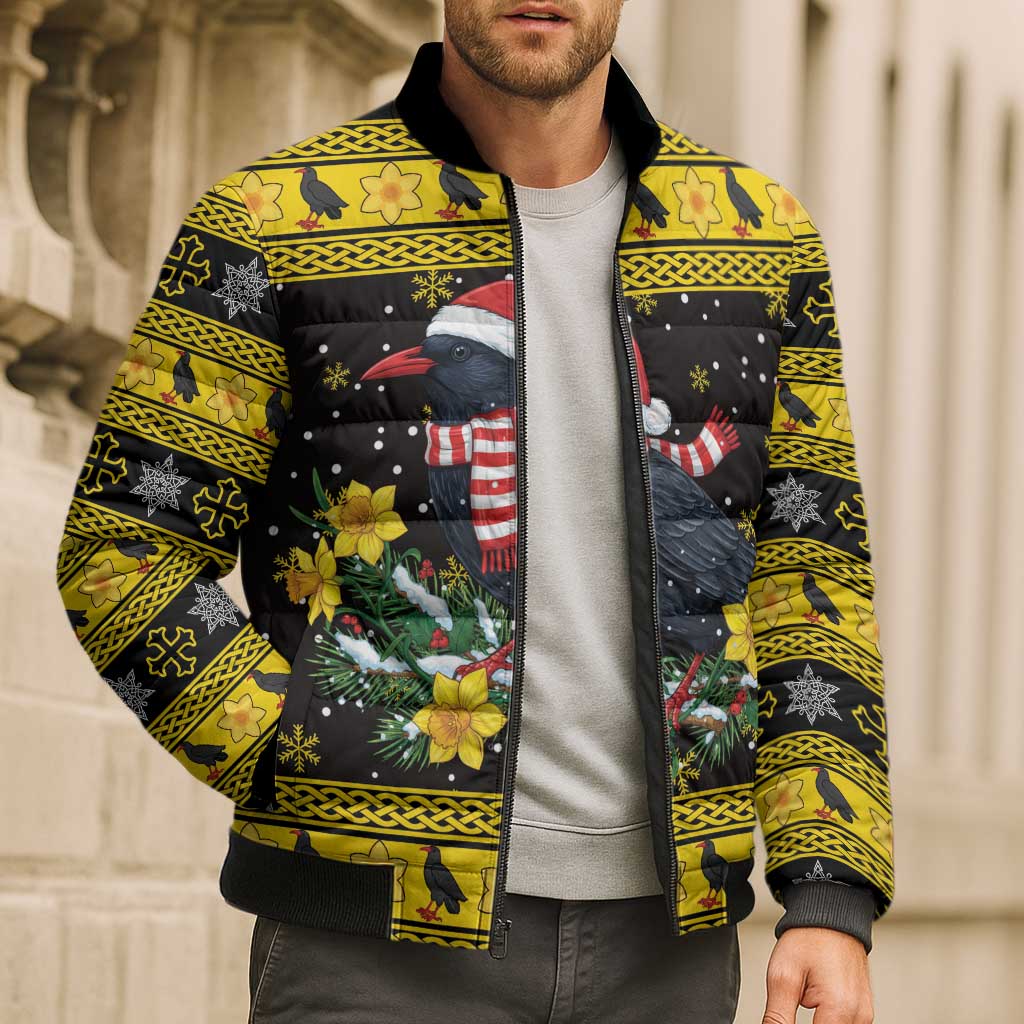 Flintshire Wales Christmas Bomber Puffer Jacket Welsh Red-billed Chough with Daffodil - Wonder Print Shop