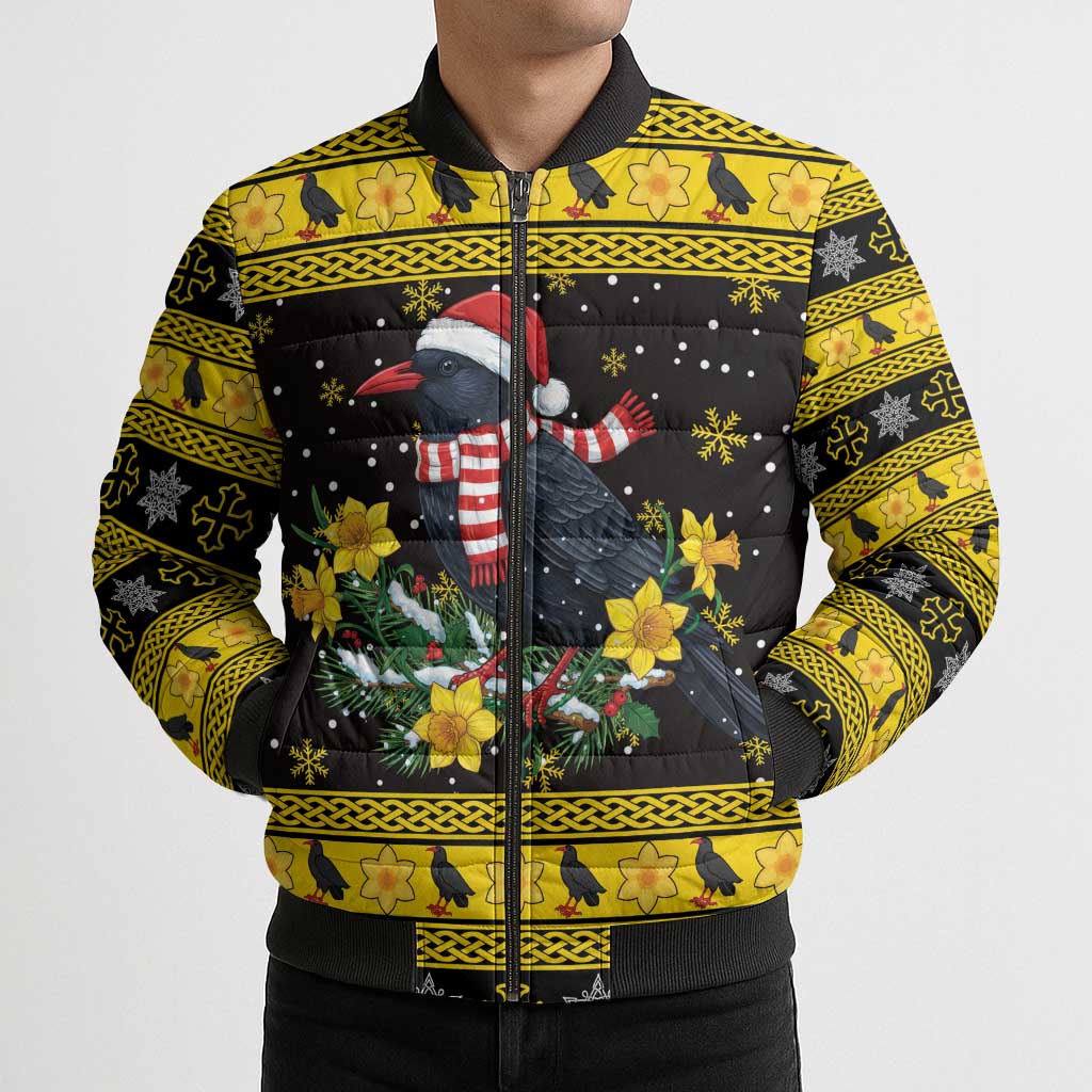 Flintshire Wales Christmas Bomber Puffer Jacket Welsh Red-billed Chough with Daffodil - Wonder Print Shop