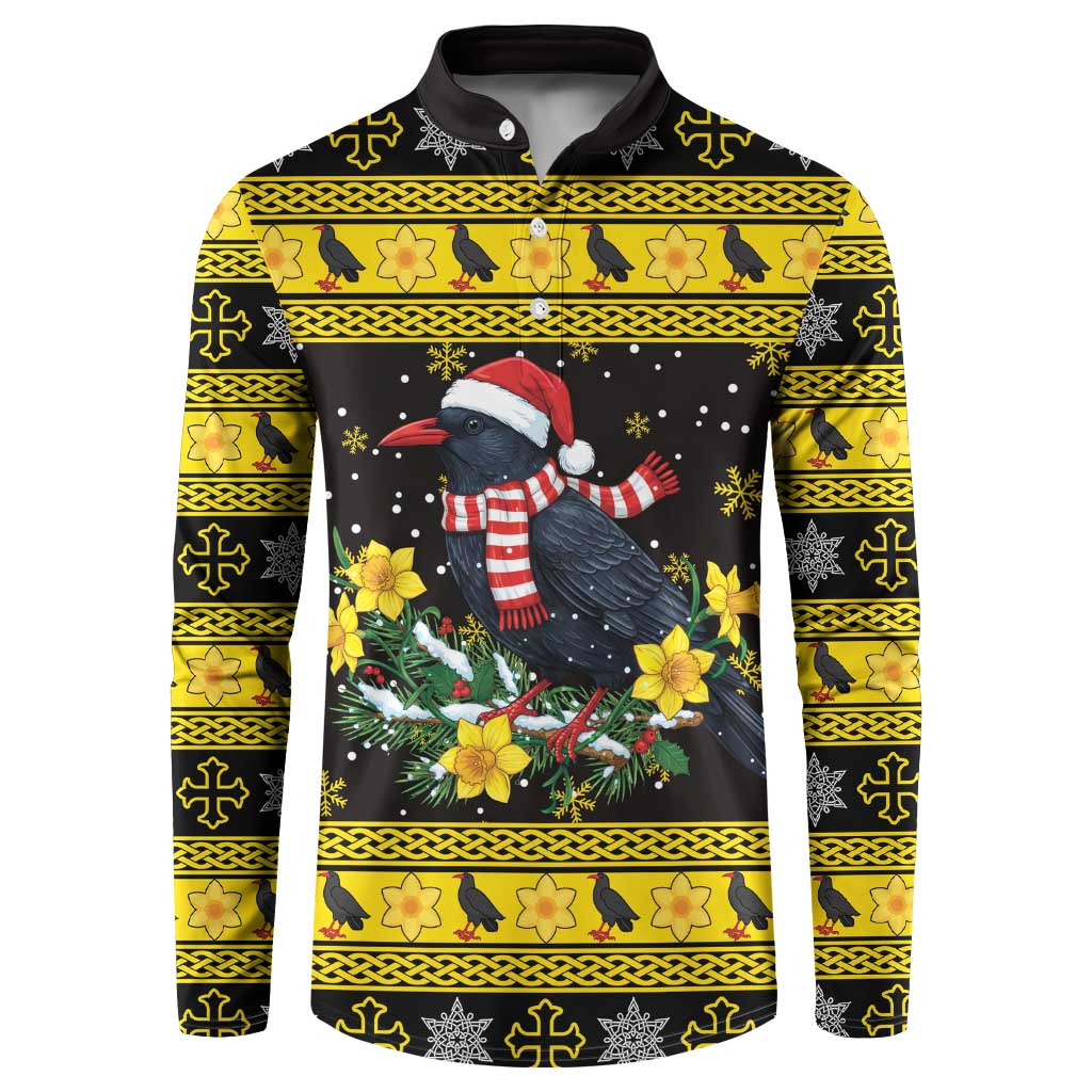 Flintshire Wales Christmas Button Sweatshirt Welsh Red-billed Chough with Daffodil - Wonder Print Shop