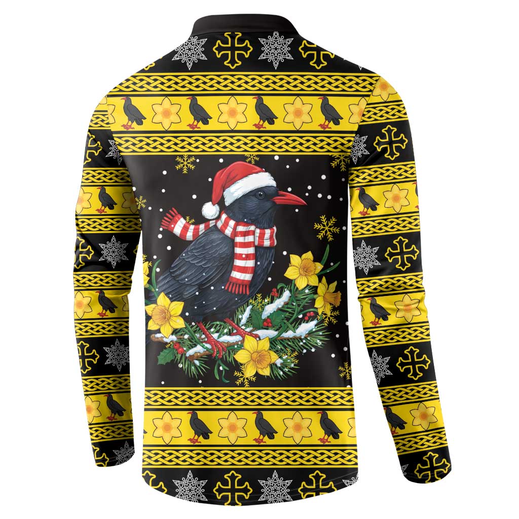 Flintshire Wales Christmas Button Sweatshirt Welsh Red-billed Chough with Daffodil - Wonder Print Shop
