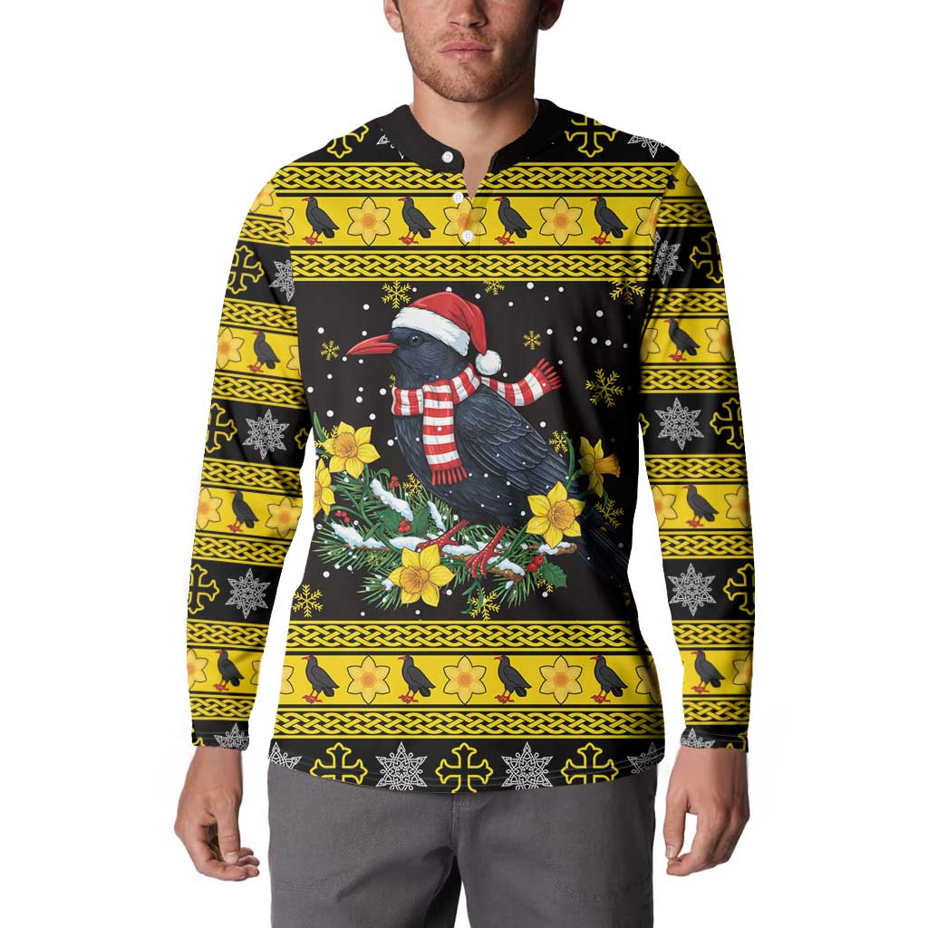 Flintshire Wales Christmas Button Sweatshirt Welsh Red-billed Chough with Daffodil - Wonder Print Shop