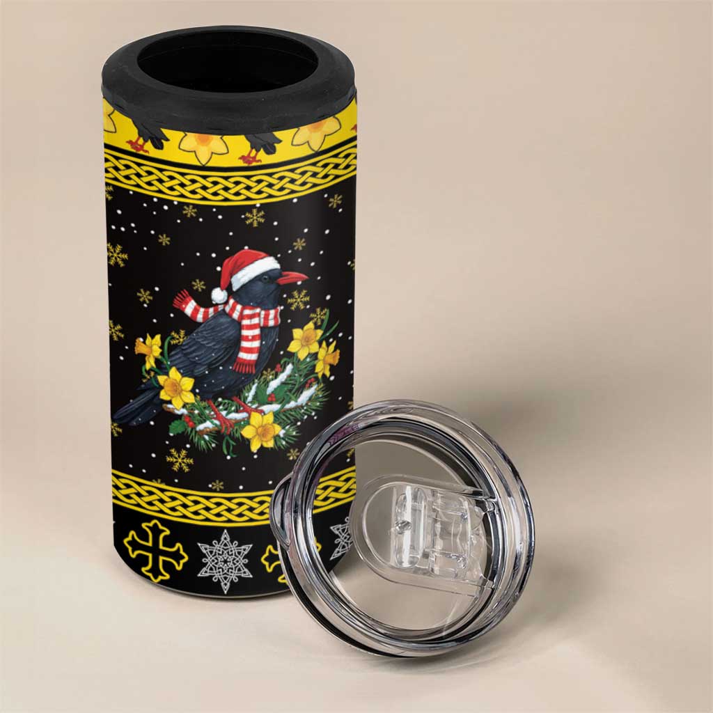 Flintshire Wales Christmas 4 in 1 Can Cooler Tumbler Welsh Red-billed Chough with Daffodil - Wonder Print Shop