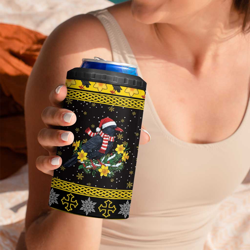 Flintshire Wales Christmas 4 in 1 Can Cooler Tumbler Welsh Red-billed Chough with Daffodil - Wonder Print Shop