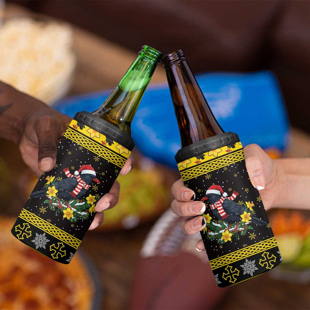 Flintshire Wales Christmas 4 in 1 Can Cooler Tumbler Welsh Red-billed Chough with Daffodil - Wonder Print Shop