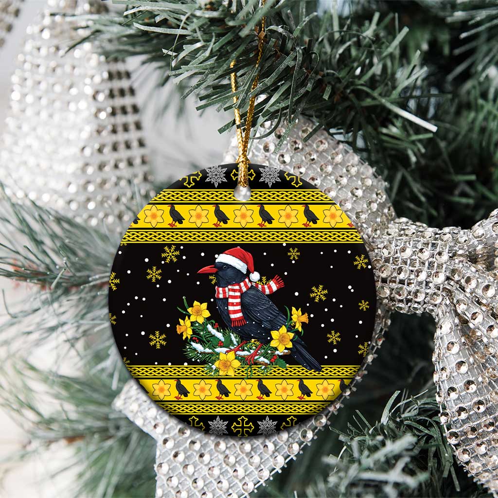 Flintshire Wales Christmas Ceramic Ornament Welsh Red-billed Chough with Daffodil - Wonder Print Shop