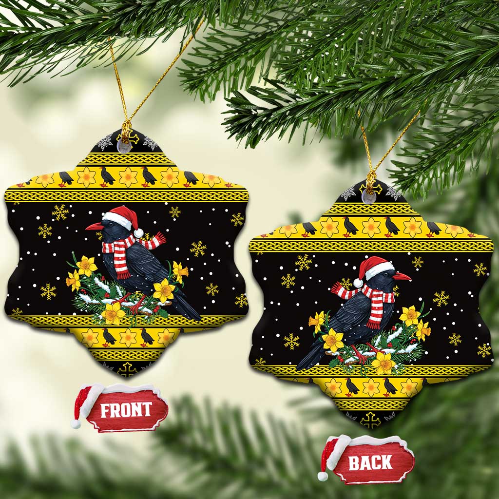 Flintshire Wales Christmas Ceramic Ornament Welsh Red-billed Chough with Daffodil - Wonder Print Shop