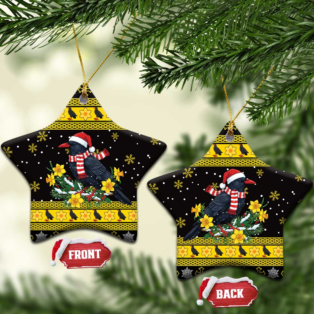 Flintshire Wales Christmas Ceramic Ornament Welsh Red-billed Chough with Daffodil - Wonder Print Shop