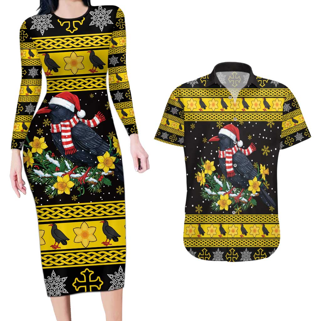 Flintshire Wales Christmas Couples Matching Long Sleeve Bodycon Dress and Hawaiian Shirt Welsh Red-billed Chough with Daffodil - Wonder Print Shop