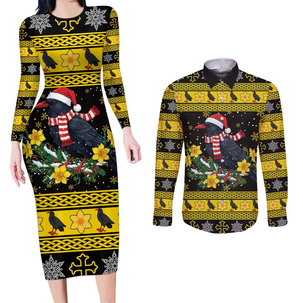 Flintshire Wales Christmas Couples Matching Long Sleeve Bodycon Dress and Long Sleeve Button Shirt Welsh Red-billed Chough with Daffodil - Wonder Print Shop