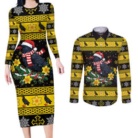 Flintshire Wales Christmas Couples Matching Long Sleeve Bodycon Dress and Long Sleeve Button Shirt Welsh Red-billed Chough with Daffodil - Wonder Print Shop