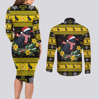 Flintshire Wales Christmas Couples Matching Long Sleeve Bodycon Dress and Long Sleeve Button Shirt Welsh Red-billed Chough with Daffodil - Wonder Print Shop