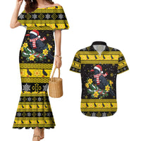 Flintshire Wales Christmas Couples Matching Mermaid Dress and Hawaiian Shirt Welsh Red-billed Chough with Daffodil - Wonder Print Shop
