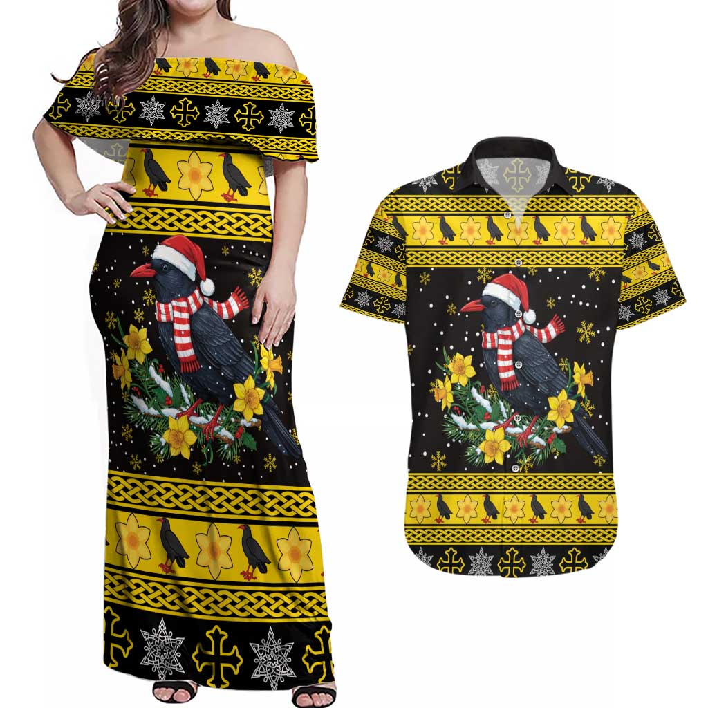 Flintshire Wales Christmas Couples Matching Off Shoulder Maxi Dress and Hawaiian Shirt Welsh Red-billed Chough with Daffodil - Wonder Print Shop