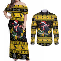 Flintshire Wales Christmas Couples Matching Off Shoulder Maxi Dress and Long Sleeve Button Shirt Welsh Red-billed Chough with Daffodil - Wonder Print Shop