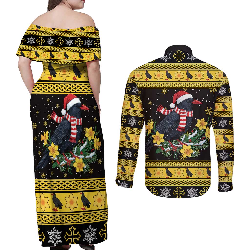 Flintshire Wales Christmas Couples Matching Off Shoulder Maxi Dress and Long Sleeve Button Shirt Welsh Red-billed Chough with Daffodil - Wonder Print Shop