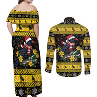 Flintshire Wales Christmas Couples Matching Off Shoulder Maxi Dress and Long Sleeve Button Shirt Welsh Red-billed Chough with Daffodil - Wonder Print Shop