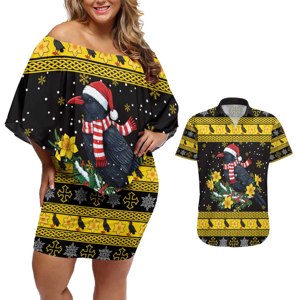 Flintshire Wales Christmas Couples Matching Off Shoulder Short Dress and Hawaiian Shirt Welsh Red-billed Chough with Daffodil - Wonder Print Shop