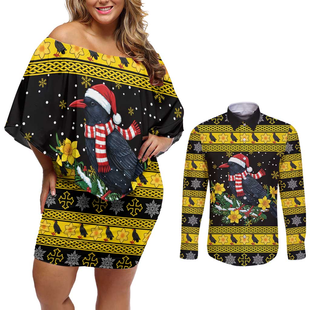 Flintshire Wales Christmas Couples Matching Off Shoulder Short Dress and Long Sleeve Button Shirt Welsh Red-billed Chough with Daffodil - Wonder Print Shop
